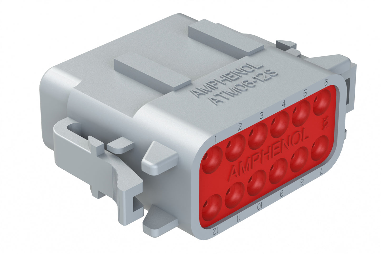ATM06-12SA-SR1GY 12 Position, Plug, Socket, Standard Diameter Rear Seal (Red), SR01 Strain Relief, Keyed A, Grey Body (Requires Wedgelock AWM-12S.). DTM06-12SA