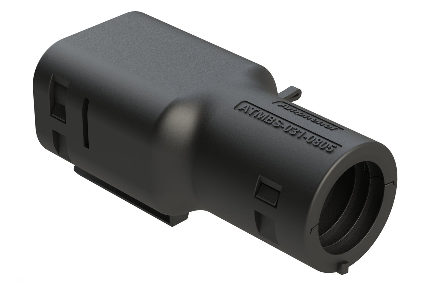 ATMBS-031-0805 8 Position Backshell, ATM04-08P* Receptacles, Internal Strain Relief, Enhanced Dovetail for Mounting Clips, Black