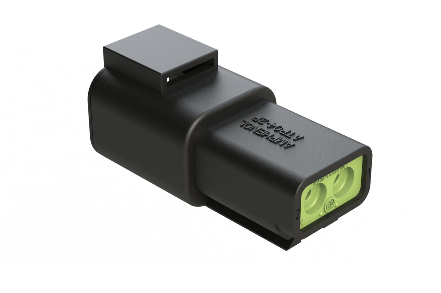 ATP04-2P-RD01BK 2 Position Receptacle, Pin, Reduced Diameter Rear Seal (Green), Black Body (Requires Wedgelock AWP-2P)