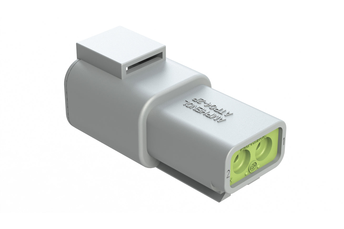 ATP04-2P-RD01 2 Position Receptacle, Pin, Reduced Diameter Rear Seal (Green), Grey Body (Requires Wedgelock AWP-2P). DTP04-2P-C015