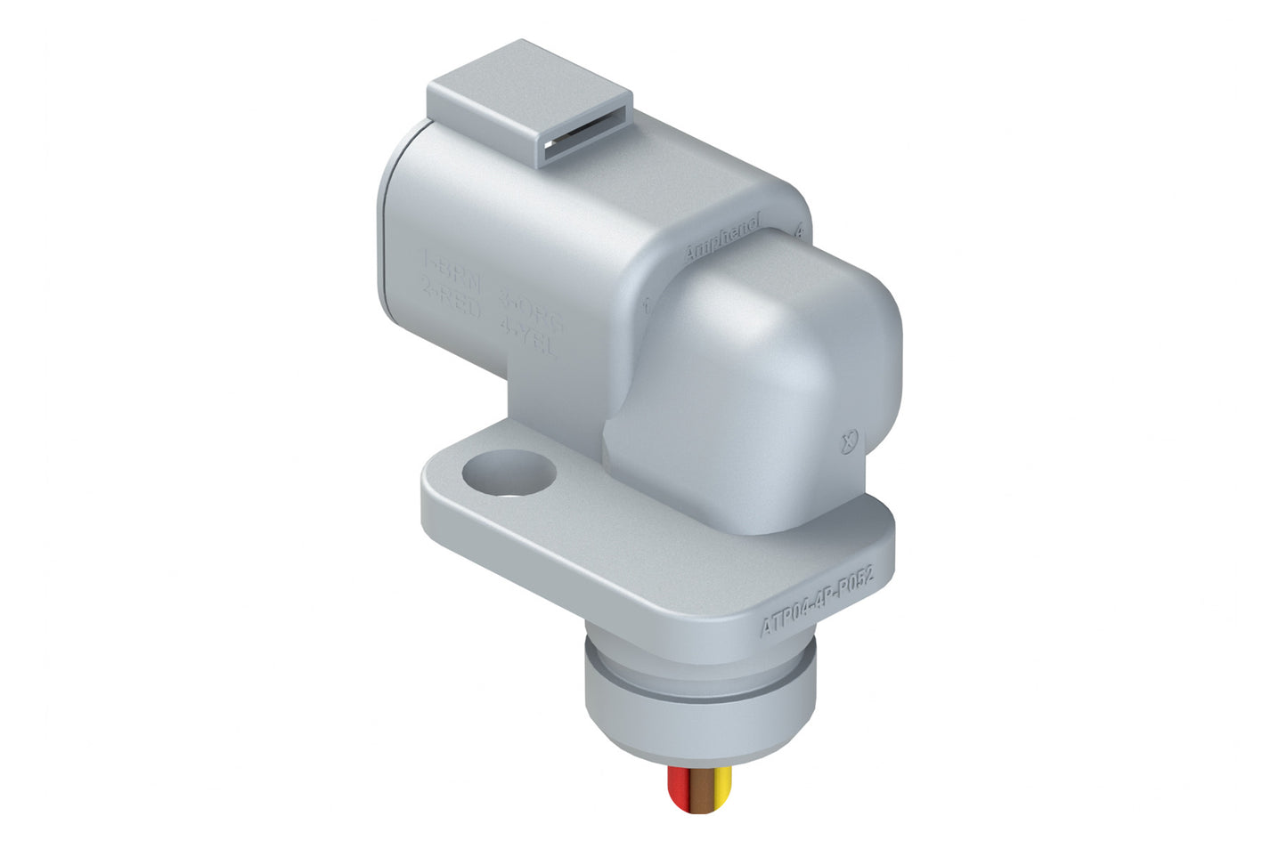 ATP04-4P-P052 4 Position 90° Flange Mount Receptacle, Pin Contacts, Feed Thru Wire Leads, Grey. DTP04-4P-P052