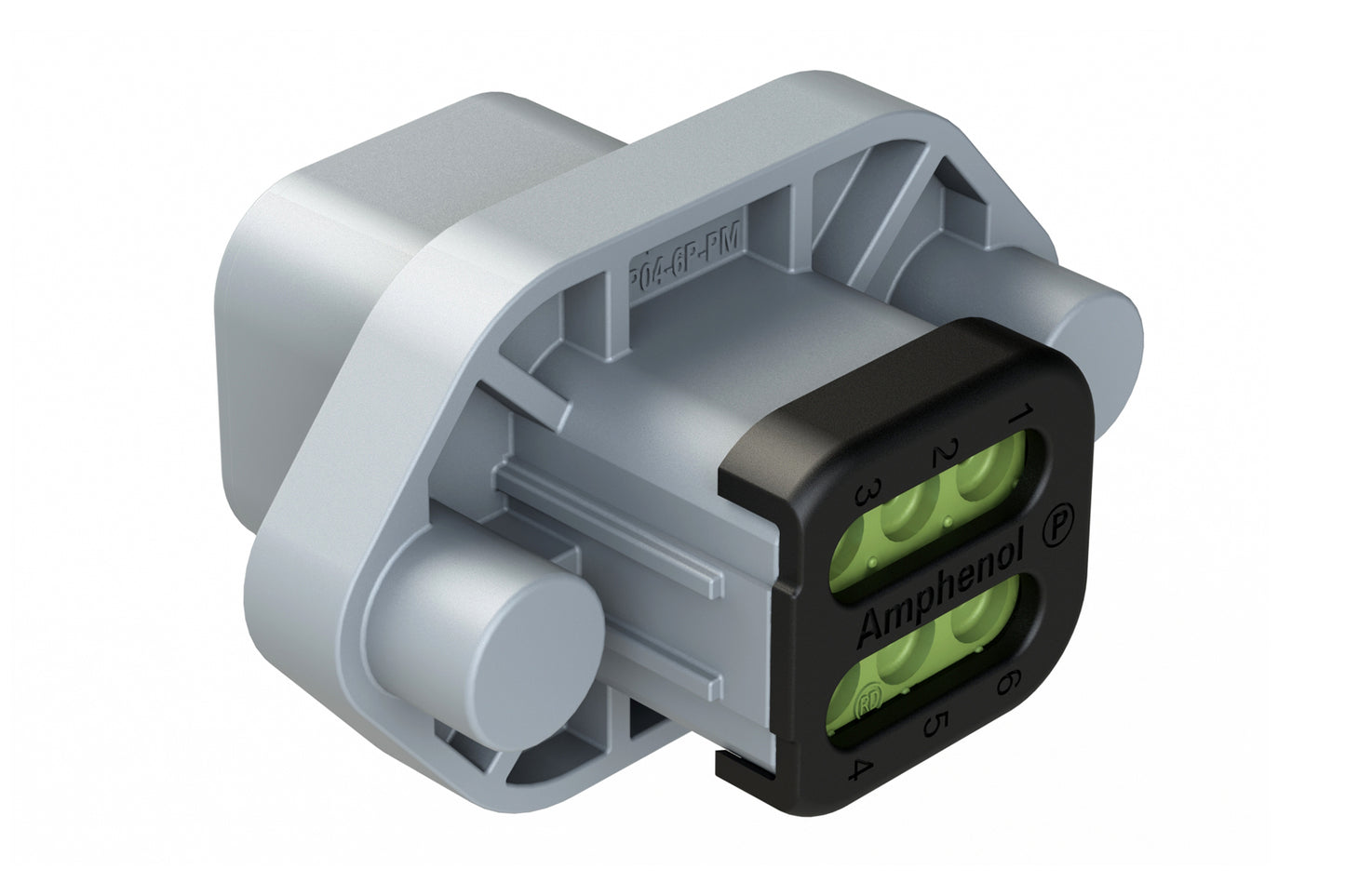 ATP04-6P-PM14 6 Position Panel Mount Receptacle with Flange, Pin, with Gasket, Reduced Diameter Seal, Self Tapping, End Cap, Grey