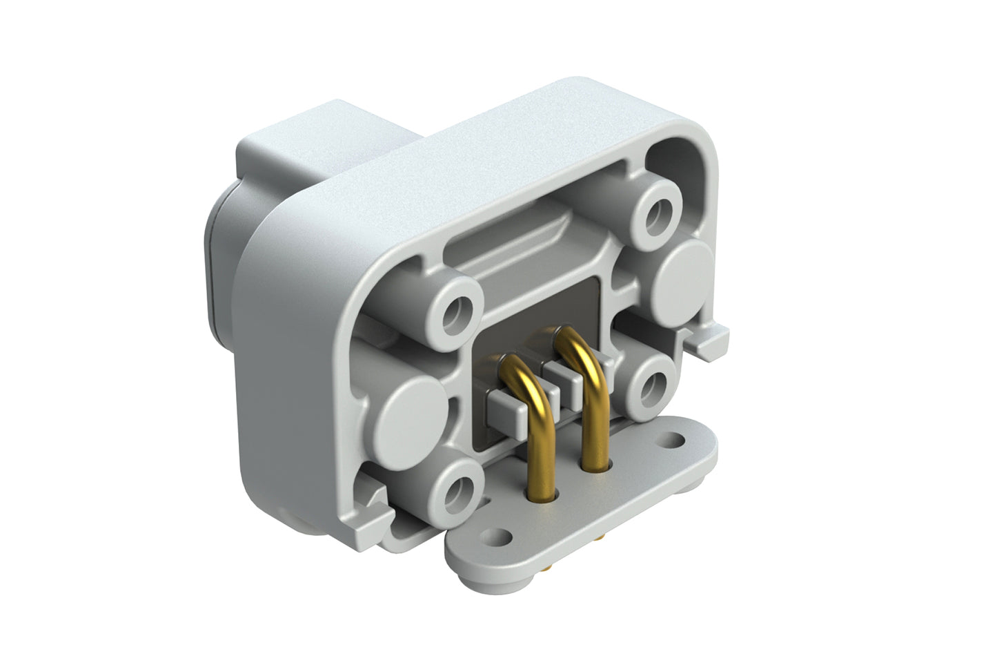 ATP13-2P-BM02GRY 2 Position 90° PCB Flange Mount Receptacle, molded gold Pins, potted, Grey