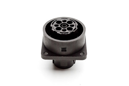 C016 10G008 000 1 8+PE Female receptacle with mounted gasket. Mounting hole Ø26.2. Suitable sealing for screws must be provided. For use with crimp contacts (sold separately).
