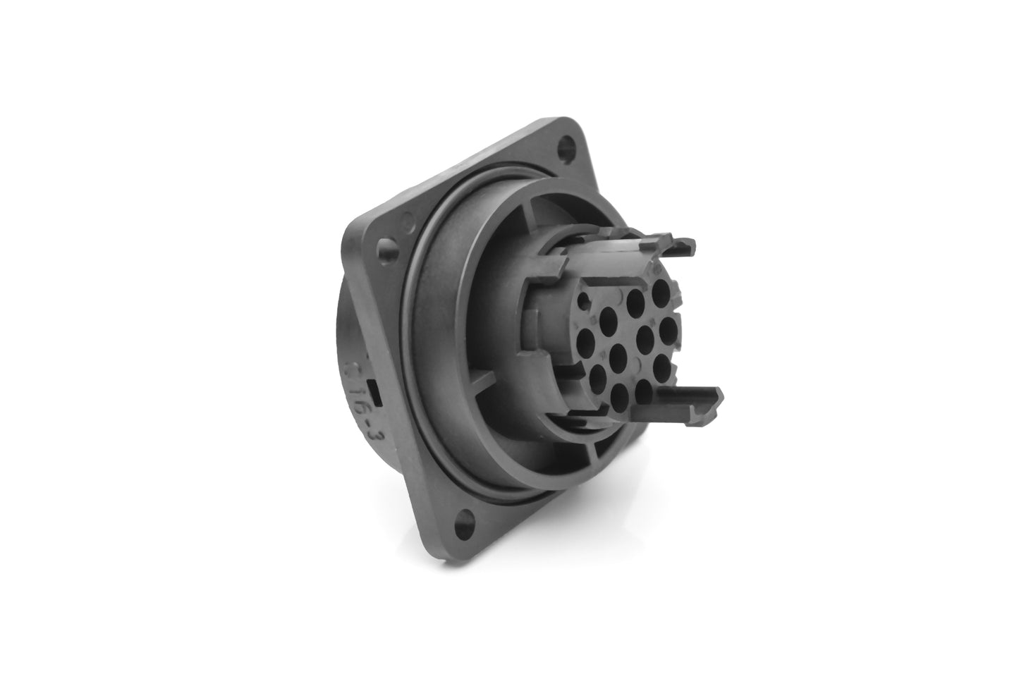 C016 10G014 000 2 14+PE Female receptacle with mounted gasket. Mounting hole Ø43.2. Suitable sealing for fixing screws must be provided. For use with crimp contacts (sold separately).