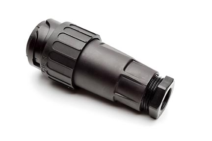 C016 10H008 003 1 8+PE Male cable connector with strain relief and clamping ring. For use with crimp contacts (sold separately).