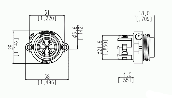 C016 20C003 200 12 3+PE Male receptacle with field installable screw termination. Mounting hole Ø22 without chamfer; suitable sealing for screws is necessary. Crimp contacts sold separately. Available in gold or silver plating.