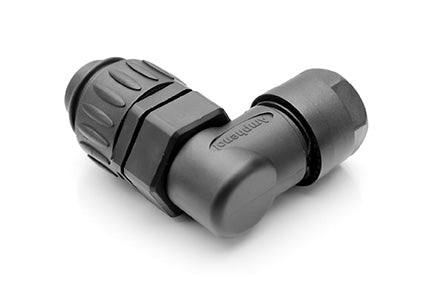 C016 30K006 100 12 6+PE Male, right angled cable connector with strain relief and clamping ring