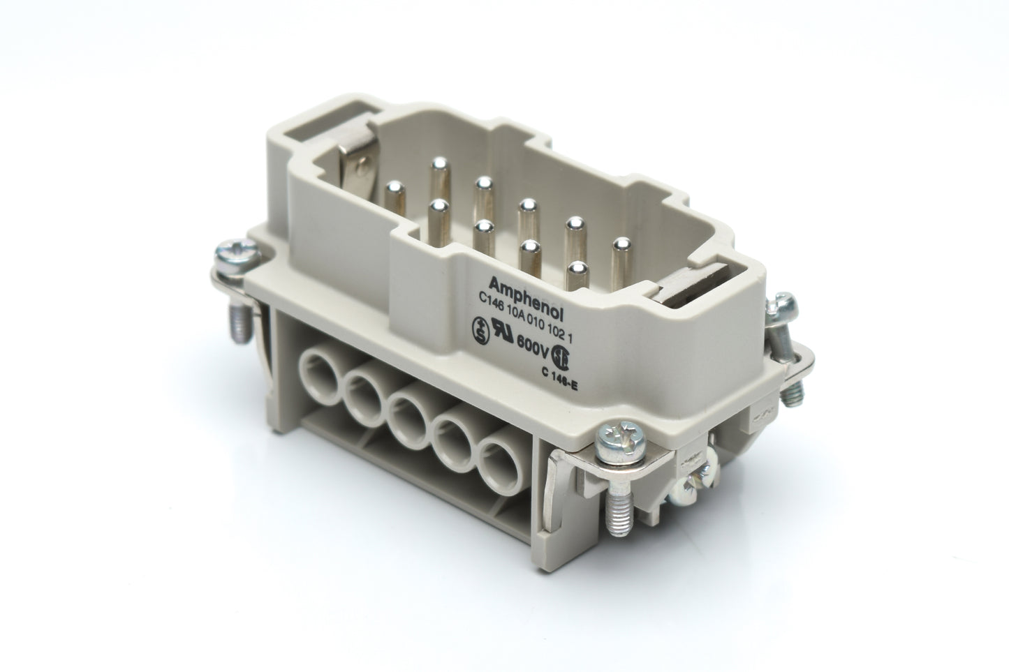 C146 10A010 102 1 10 + PE Heavy duty male contact insert with wire protection for screw termination. Comparable Part No. 09330102601