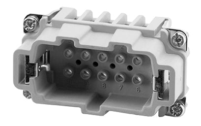 C146 10A010 500 10 10 + PE Heavy duty male contact insert for turned crimp contacts. May be engaged or disengaged when live but without electrical load. Comparable Part No. 09320103001