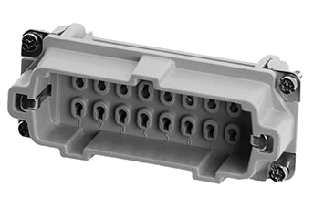 C146 10A016 000 1 16+PE Heavy duty male contact insert for stamped crimp contacts. May be engaged or disengaged when live but without electrical load.