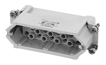 C146 10A025 060 2 25+PE Heavy duty male contact insert with 2xPE termination (for stamped crimp contacts). May be engaged or disengaged when live but without electrical load.