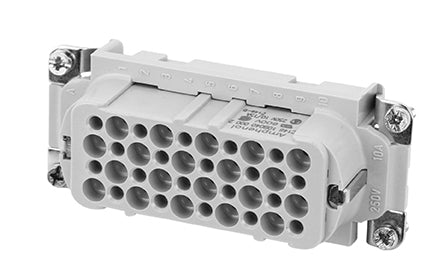 C146 10B040 000 2 40+PE Heavy duty female contact insert for stamped crimp contacts. May be engaged or disengaged when live but without electrical load.