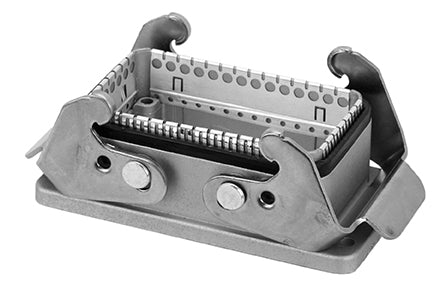 C146 11F010 000 8 Version C housing with bulkhead mounting. Centering flange with ground strap. Conductive surface with standard locking levers. High attenuation. Same dimensions as standard housings.