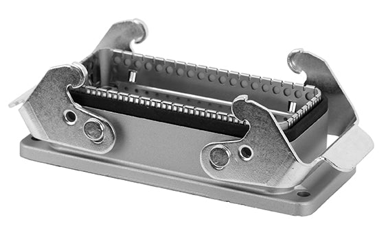 C146 11F016 902 8 Version B housing with bulkhead mounting. Standard flange with ground strap. Conductive surface with standard locking levers. High attenuation. Same dimensions as standard housings. Comparable Part No. 09628160301