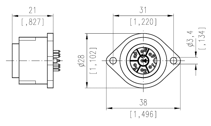 T 3110 010 3+ PE male receptacle, straight dip solder, black