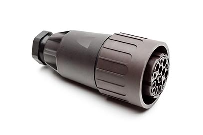 C016 10D012 004 2 12+PE Female cable connector with internal strain relief and clamping ring. For use with crimp contacts (sold separately).