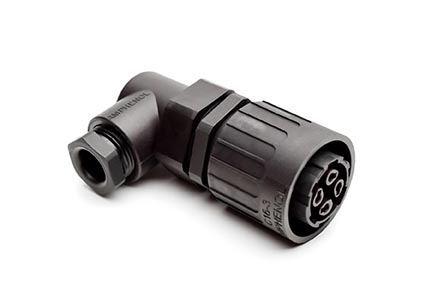C016 10F003 002 1 3+PE Female cable connector with strain relief and clamping ring. For use with crimp contacts (sold separately).