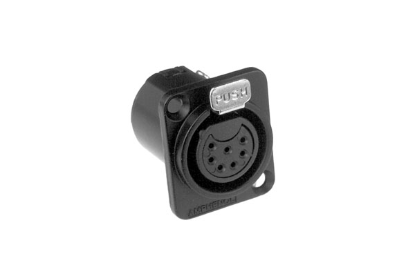 AC7FDZB 7 Pole XLR Female ChassisMount, DType,Machined Contacts, Solder Bucket, Black Finish. Comparable part no: NC7FD-L-B-1