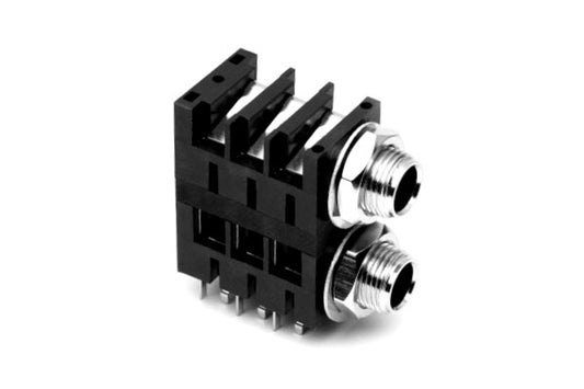 ACJM-MHDCM 1/4" Dual Horizontal PCB Phone Jack,Mono,Metal Bore,Metal Nut,MetalThread, Snap-fit PCB