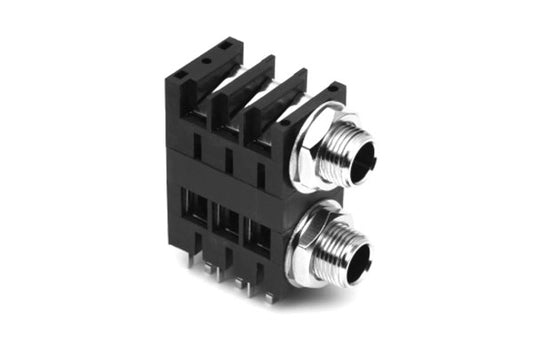 ACJM-MHDM 1/4" Dual Horizontal PCB Phone Jack,Mono,Metal Bore,Metal Nut,MetalThread, Snap-fit PCB