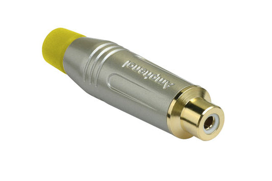 ACJR-SYLRCA Female Cable Connector, Gold Plated Contacts, Diecast Shell, Satin Finish, Yellow Grommet