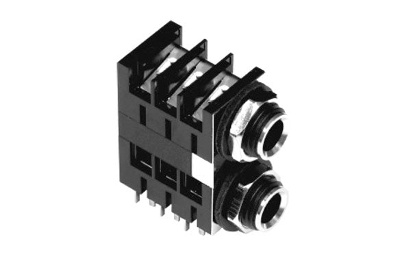ACJS-MHDE 1/4" Dual Horizontal PCB Phone Jack, Stereo,Metal Bore,Metal Nut, PlasticThread, Snap-fit PCB, Shielded