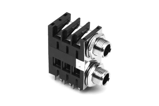 ACJS-MHDEM 1/4" Dual Horizontal PCB Phone Jack, Stereo,Metal Bore,Metal Nut,MetalThread, Snap-fit PCB, Shielded