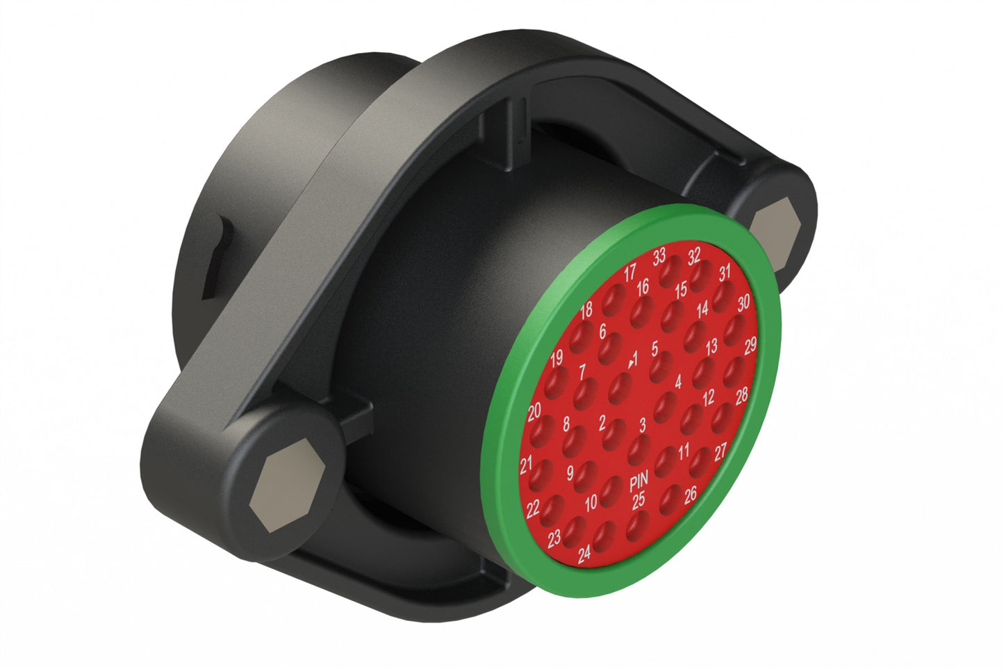 AHDP02-24-33PN-SRA 33 Position Panel Mount Receptacle, Shell Size 24, Pin, Plastic, Normal Diameter Rear Seal, Smooth Ring Adapter SRA (Green)