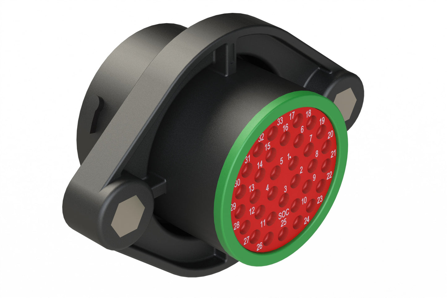 AHDP02-24-33SN-SRA 33 Position Panel Mount Receptacle, Shell Size 24, Socket, Plastic, Normal Diameter Rear Seal, Smooth Ring Adapter SRA (Green)