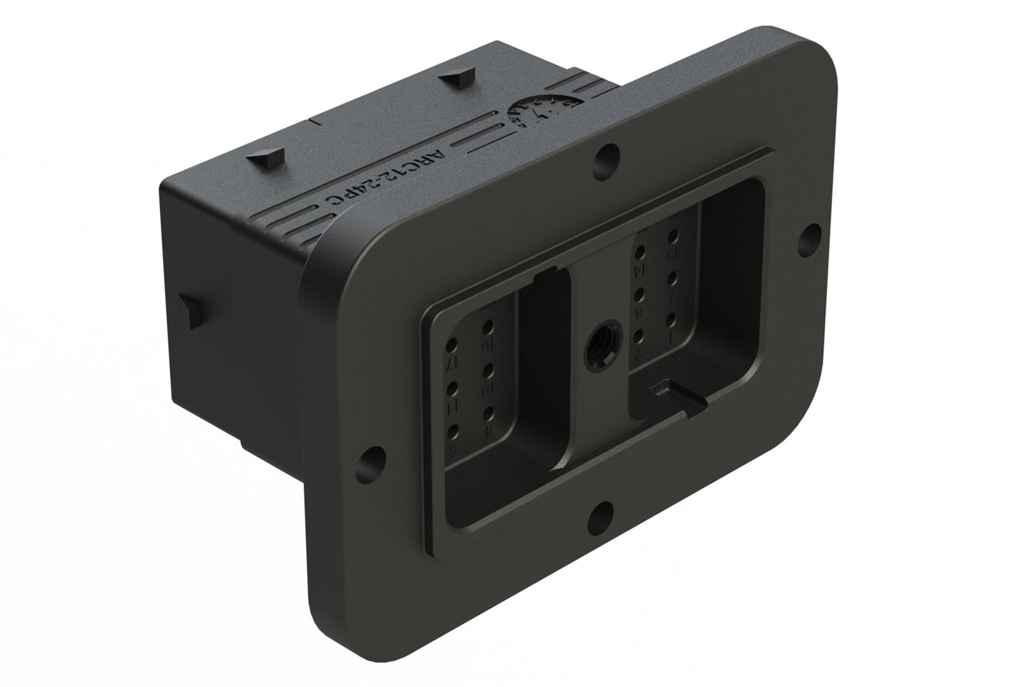 ARC12-24PCR 24 Position Receptacle, Pin Contact, Size 16, Threaded Insert for Jackscrew, Keyed C, Flanged, Reduced Diameter Rear Seal, Dustcap included. DRC12-24PCE