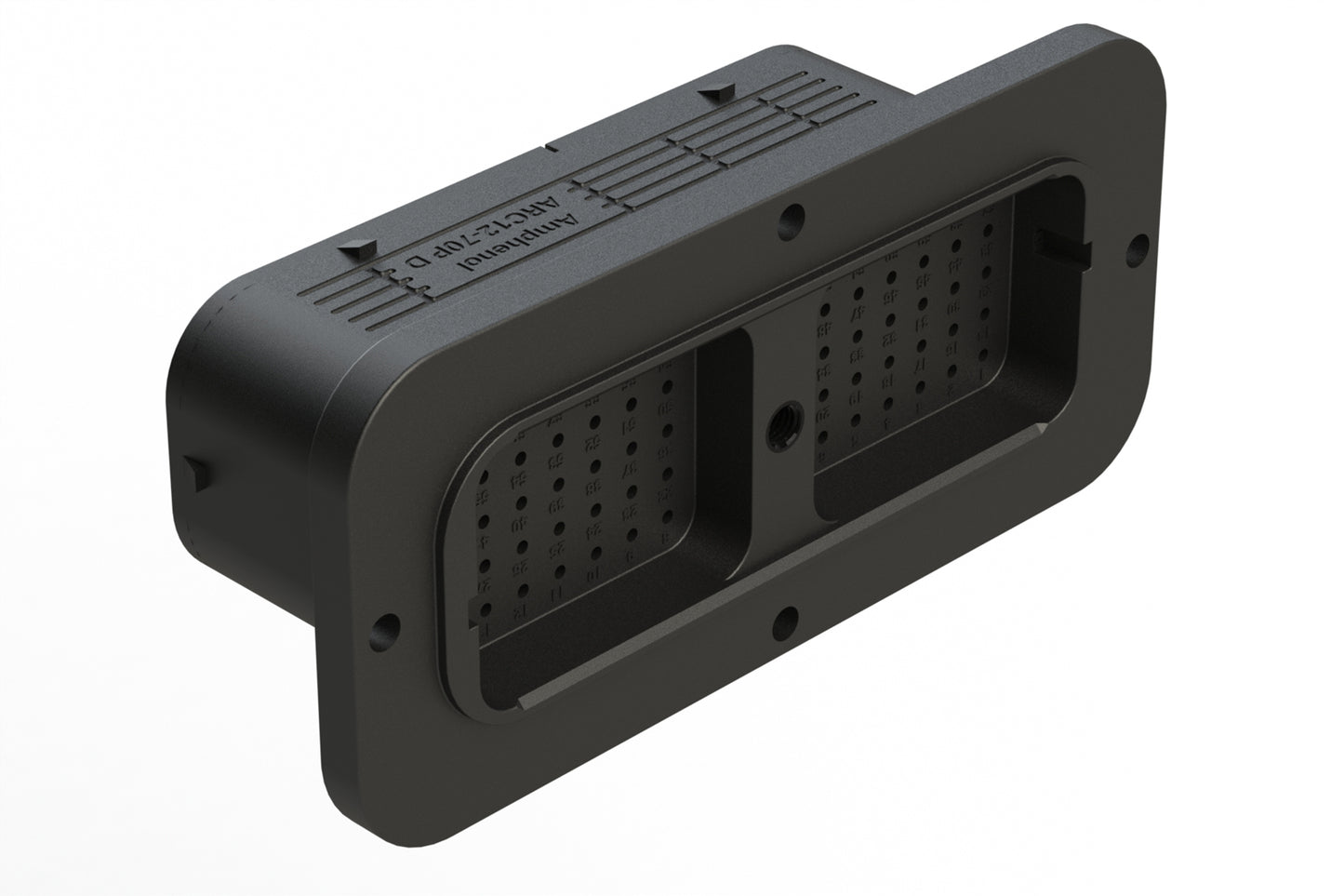 ARC12-70PD 70 Position Receptacle, Pin, Contact Size Size 16, Threaded Insert for Jackscrew, Keyed D, Flanged, Standard Diameter Rear Seal (Red), Black Body, Dustcap Included. DRC12-70PD