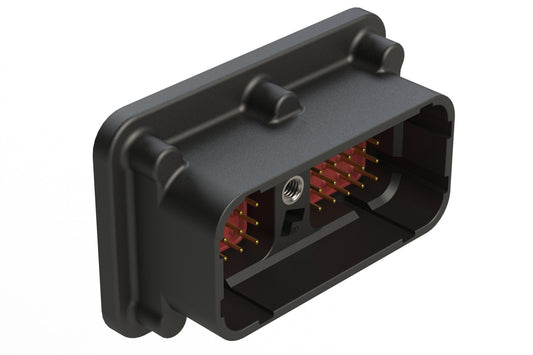 ARC20-50P08-BM01SP1 50 Position PCB Receptacle with Flange, Size 20 Pin Contacts, 7.5A, Selective Gold Plating, Self-Threading, Threaded Insert for Jackscrew, Gasket, Keyed 08, Black