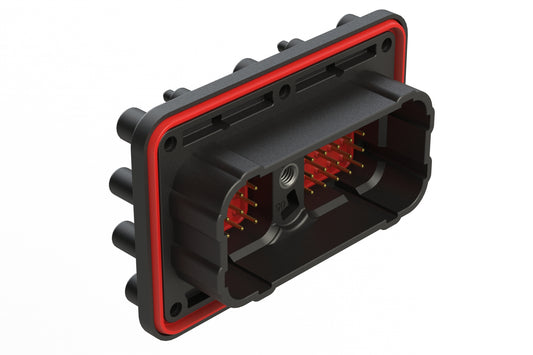 ARC22-50P05-BM01SP1 50 Position PCB Receptacle, Pin, Flange Mount, Straight, Size 20 Contacts, Selective Plating, Threaded Insert for Jackscrew, Keyed 05, Black. DRC22-50P05