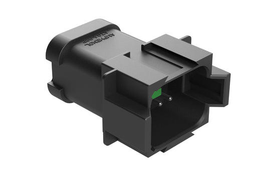 AT04-08PB-P028 8-way receptacle, (1) 3 Pin busbar=13 amps (1) 5 pin busbar=26 amps, nickel plating, keyed B, black. Contacts included. DT04-08PB-P028