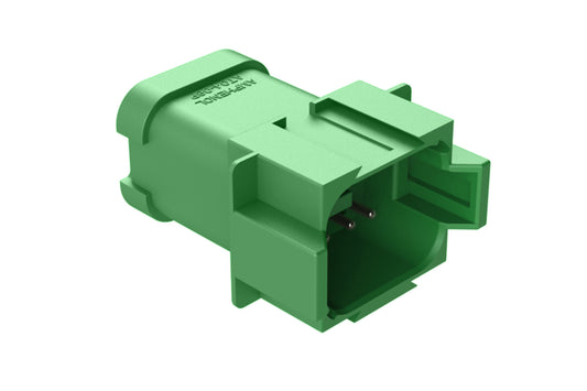 AT04-08PC-P026 8-way receptacle, (2) 4 Pin busbar=26 amps, nickel plating, keyed C, green. Contacts included. DT04-08PC-P026