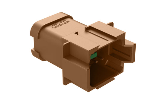 AT04-08PD-P026 8-way receptacle, (2) 4 Pin busbar=26 amps, nickel plating, keyed D, brown. Contacts included. DT04-08PD-P026