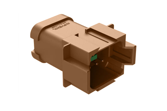 AT04-08PD-P028 8-way receptacle, (1) 3 Pin busbar=13 amps (1) 5 pin busbar=26 amps, nickel plating, keyed D, brown. Contacts included. DT04-08PD-P028