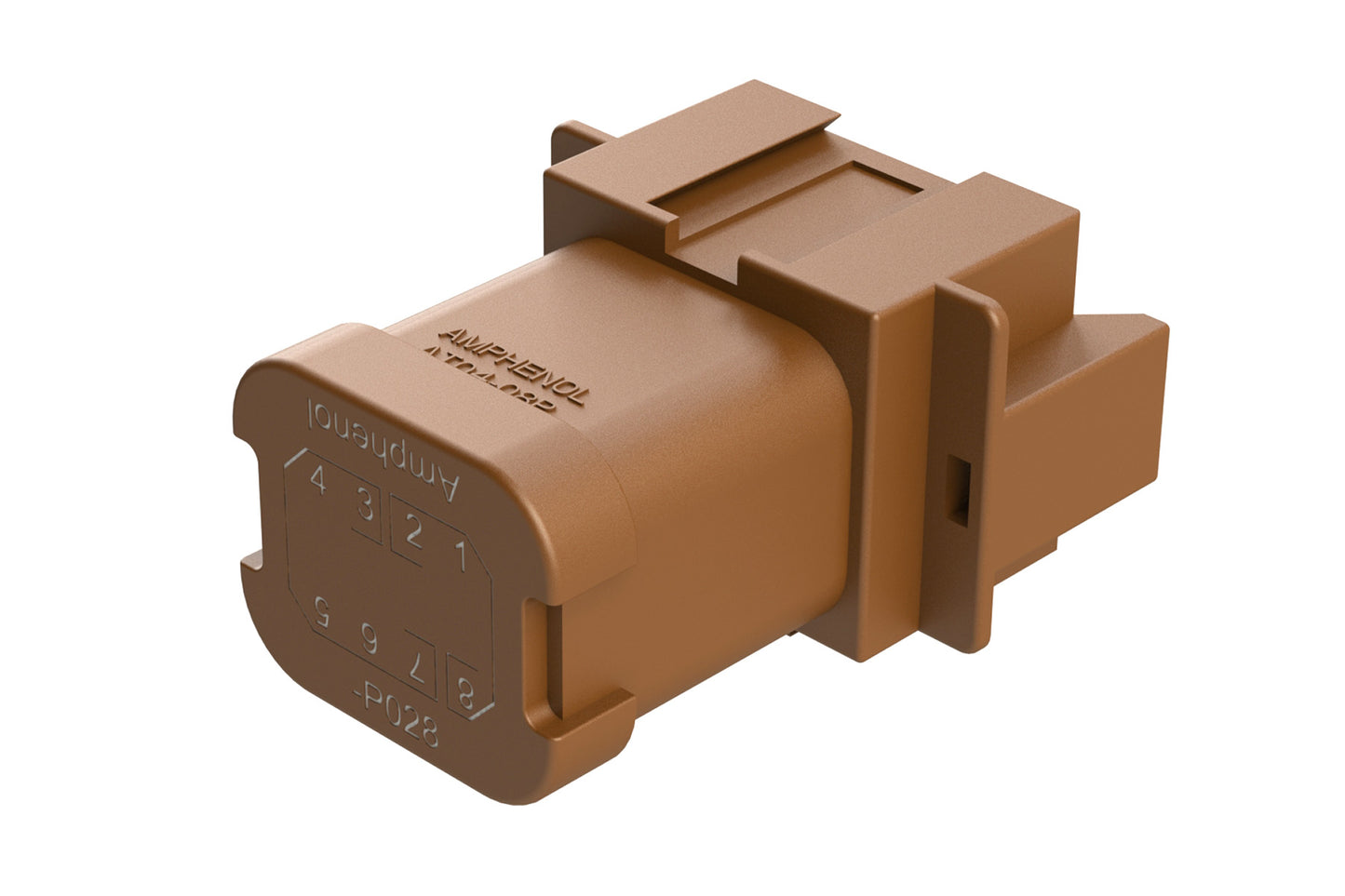 AT04-08PD-P028 8-way receptacle, (1) 3 Pin busbar=13 amps (1) 5 pin busbar=26 amps, nickel plating, keyed D, brown. Contacts included. DT04-08PD-P028