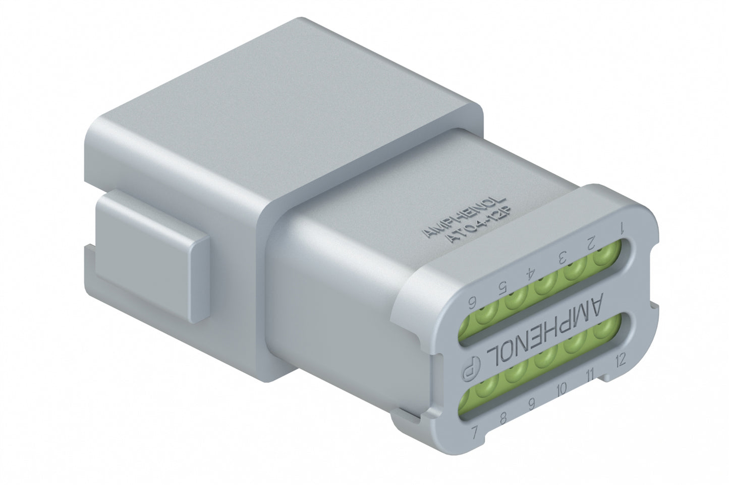 AT04-12PA-MM01 12-Way Receptacle, Male Connector with A Position Key and Extended Shroud, Reduced Diameter Seal (E-Seal) and End Cap, Grey. DT04-12PA-CE01, DT04-12PA-CE07