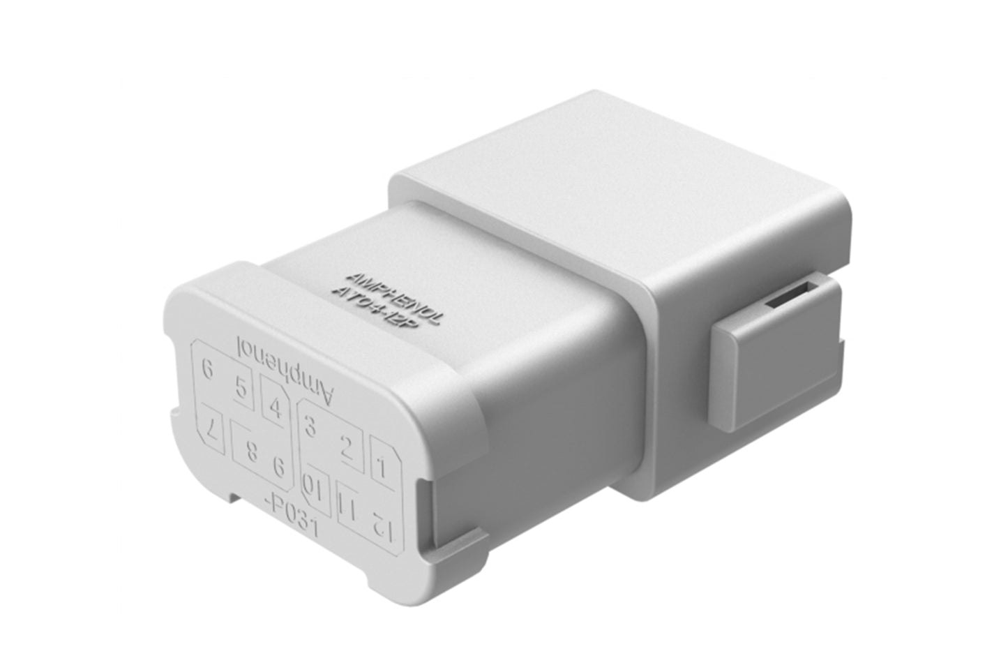 AT04-12PA-P031 12-way receptacle, (4) 3 Pin busbar=13 amps, gold plating, keyed A, grey. Contacts included. DT04-12PA-P031