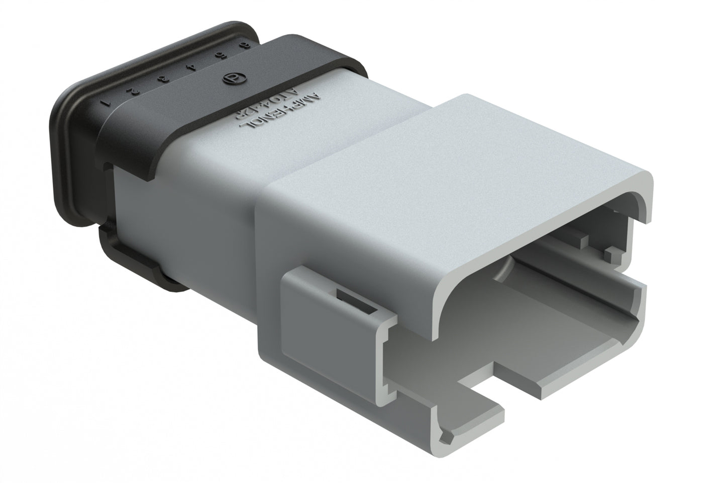 AT04-12PA-SRGRY 12-Way Receptacle Male Connector with Strain Relief Endcap, Standard Seal, A Position Key, Grey. DT04-12PA-E008