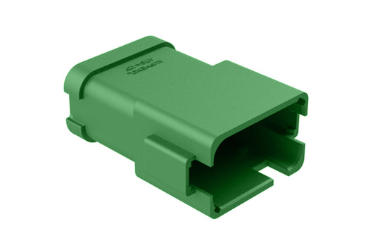 AT04-12PC-P026 12-way receptacle, (2) 6 Pin busbar=39 amps, nickel plating, keyed C, green. Contacts included. DT04-12PC-P026