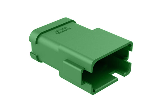AT04-12PC-P031 12-way receptacle, (4) 3 Pin busbar=13 amps, gold plating, keyed C, green. Contacts included. DT04-12PC-P031