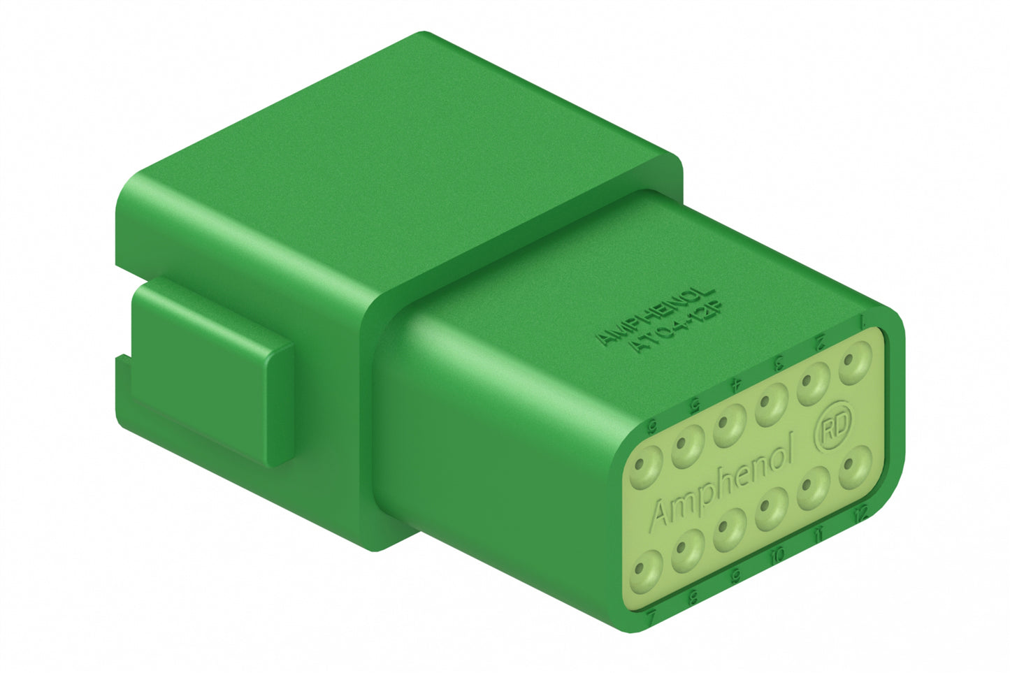 AT04-12PC-RD01 12-Way Receptacle, Male Connector with C Position Key and Extended Shroud, Reduced Diameter Seal (E-Seal), Green. DT04-12PC-C015