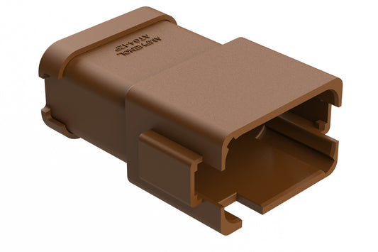 AT04-12PD-MM01 12-Way Receptacle, Male Connector with D Position Key, Extended Shroud, Reduced Diameter Seal (E-Seal) and End Cap, Brown. DT04-12PD-CE01, DT04-12PD-CE07