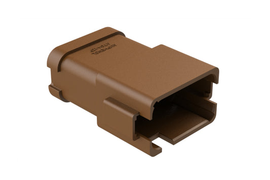 AT04-12PD-P027 12-way receptacle, (2) 6 Pin busbar=39 amps, gold plating, keyed D, brown. Contacts included. DT04-12PD-P027