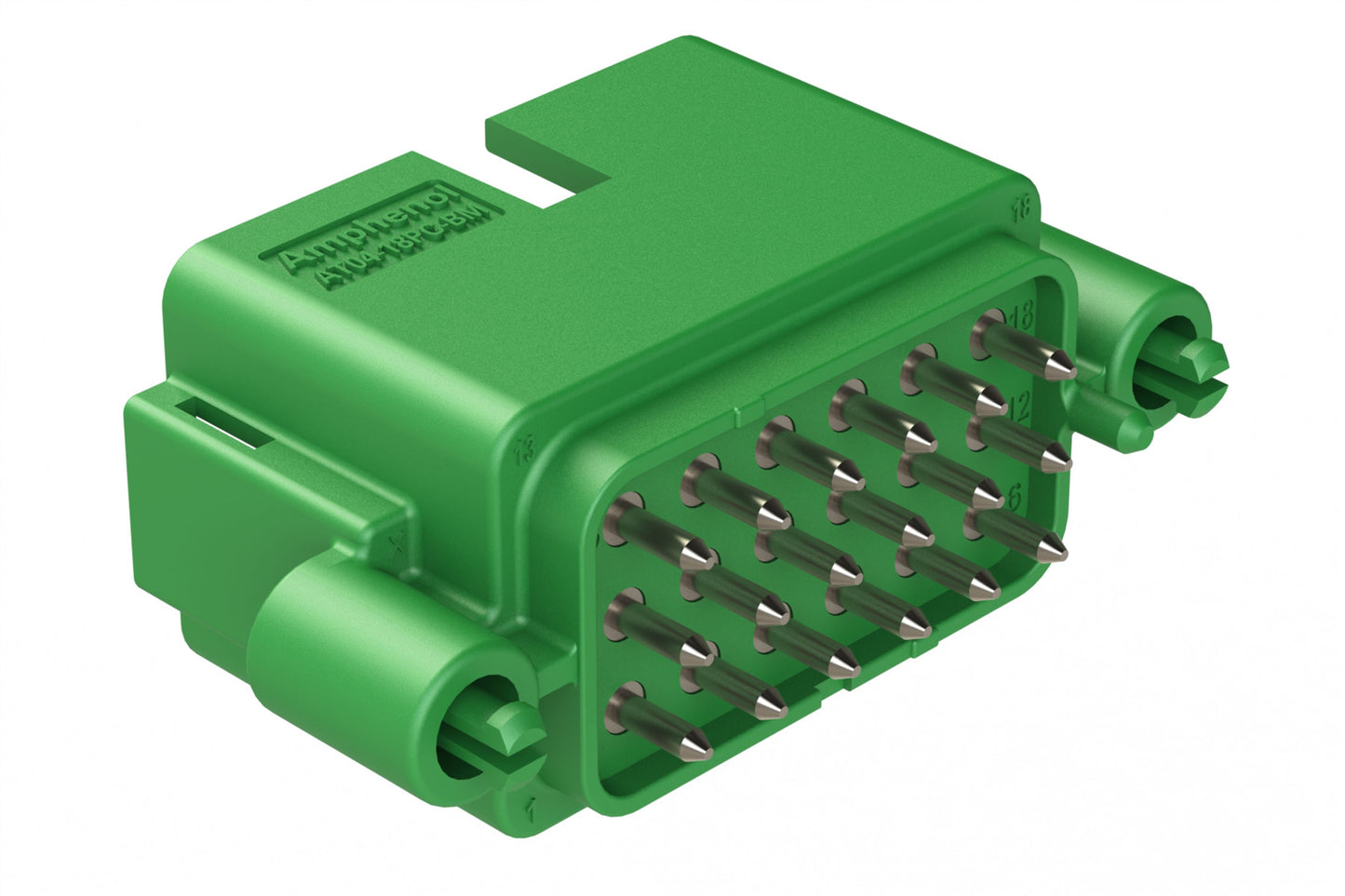 AT04-18PC-BM03 18 Position PCB Board Mount Receptacle, Straight, Nickel Plated Contacts, Snap-Fit, Keyed C, Green