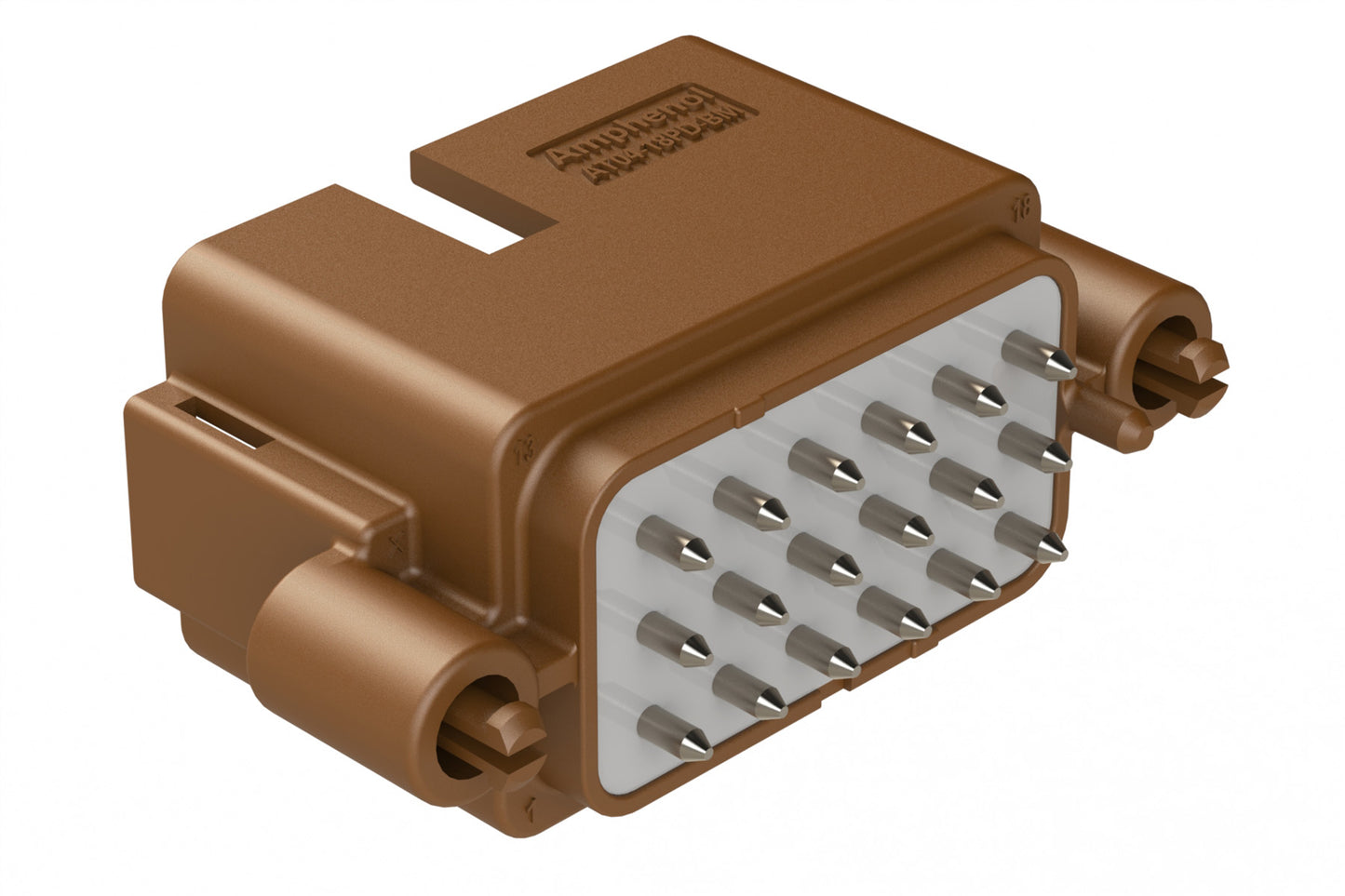 AT04-18PD-BM04 18 Position PCB Board Mount Receptacle, Straight, Nickel Plated Contacts, Snap-Fit, Potted, Keyed D, Brown