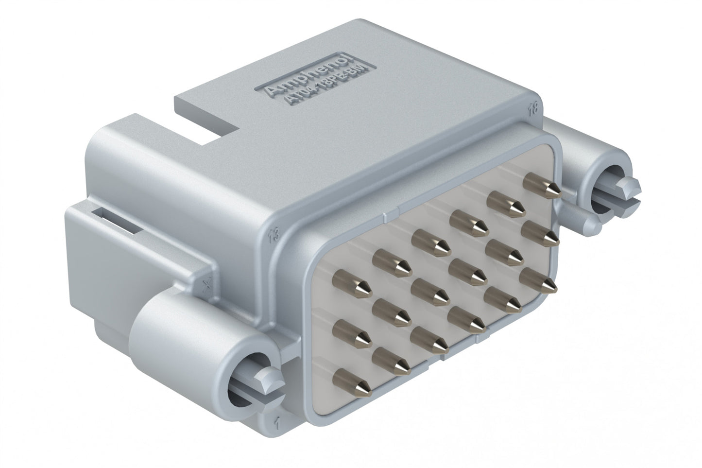 AT04-18PE-BM04 18 Position PCB Board Mount Receptacle, Straight, Nickel Plated Contacts, Snap-Fit, Potted, Keyed E, Grey